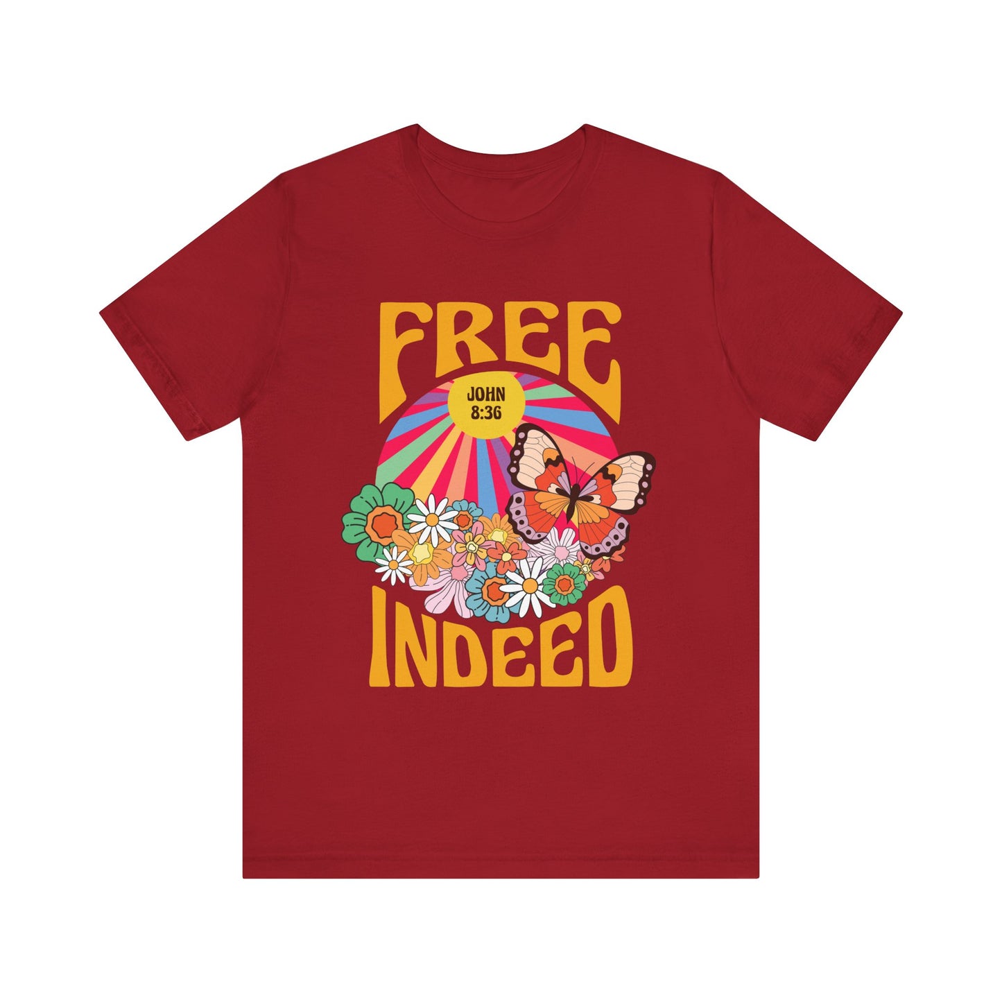 Free Indeed Shirt – Retro Flowers & Butterflies 80s John 8:36 Christian Tee