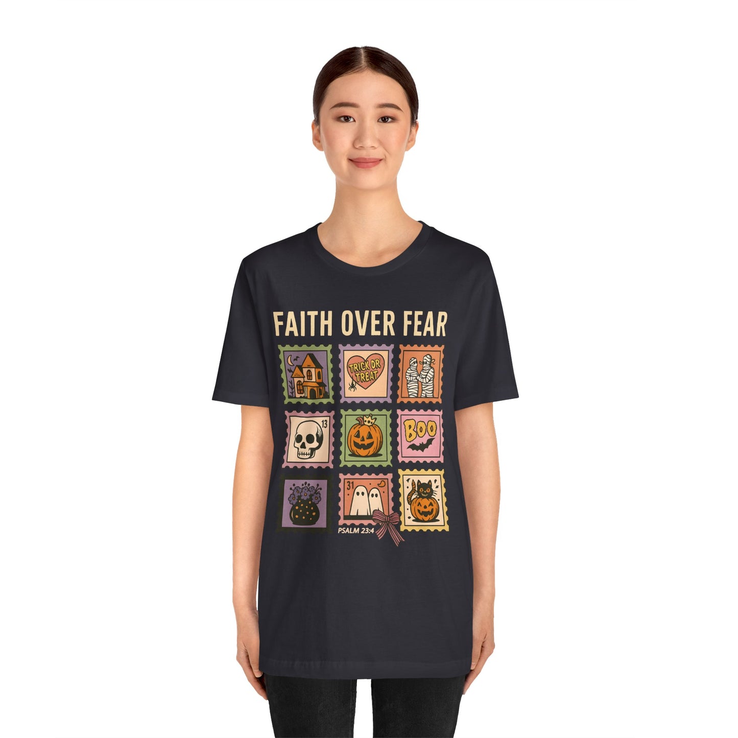 Faith Over Fear Shirt, Christian Halloween Stamp T-Shirt, Religious Spooky Season Tee
