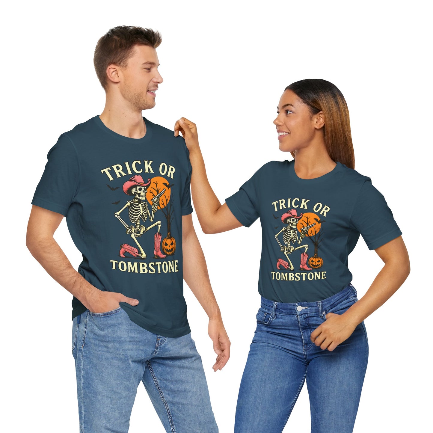 Trick or Tombstone Shirt Funny Skeleton Cowboy Halloween Tee, Spooky Western Rodeo Outfit