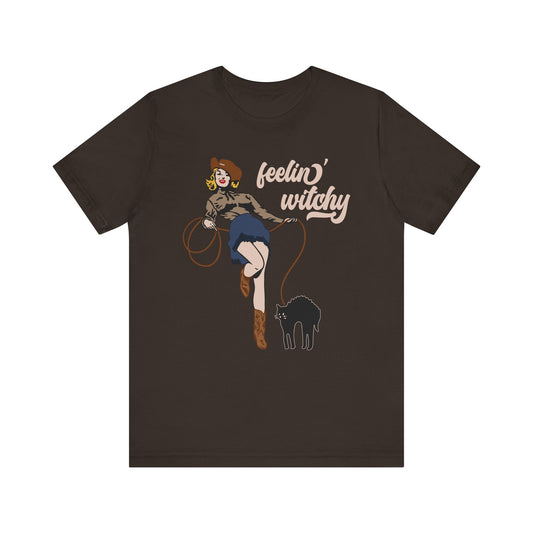 Feeling Witchy Shirt – Vintage Pin-Up Girl & Black Cat Halloween Tee