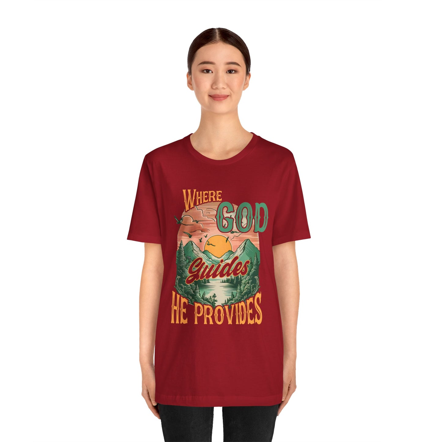 Where God Guides He Provides Shirt – Mountain Sunset Retro Christian Tee