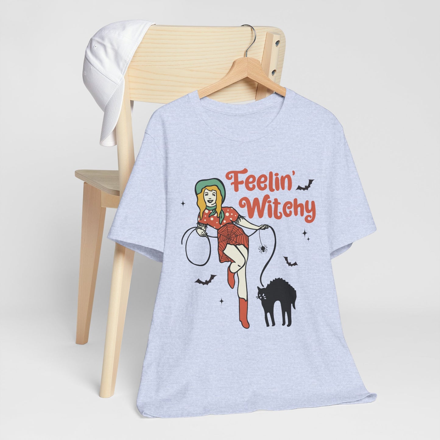 Feelin’ Witchy Shirt Vintage Pin-Up Witch & Black Cat Halloween Tee