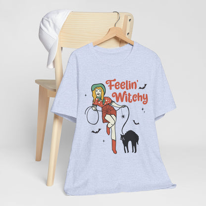Feelin’ Witchy Shirt Vintage Pin-Up Witch & Black Cat Halloween Tee