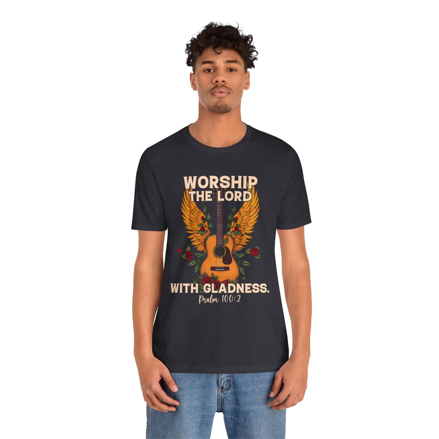 Retro Worship the Lord with Gladness Shirt – Psalm 100:2 Guitar Christian Tee