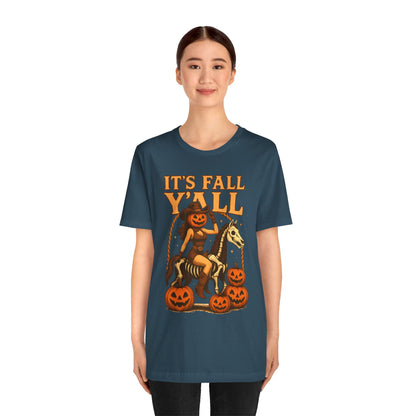 It’s Fall Y’all Shirt – Pumpkin Head Cowgirl Skeleton Horse Western Tee