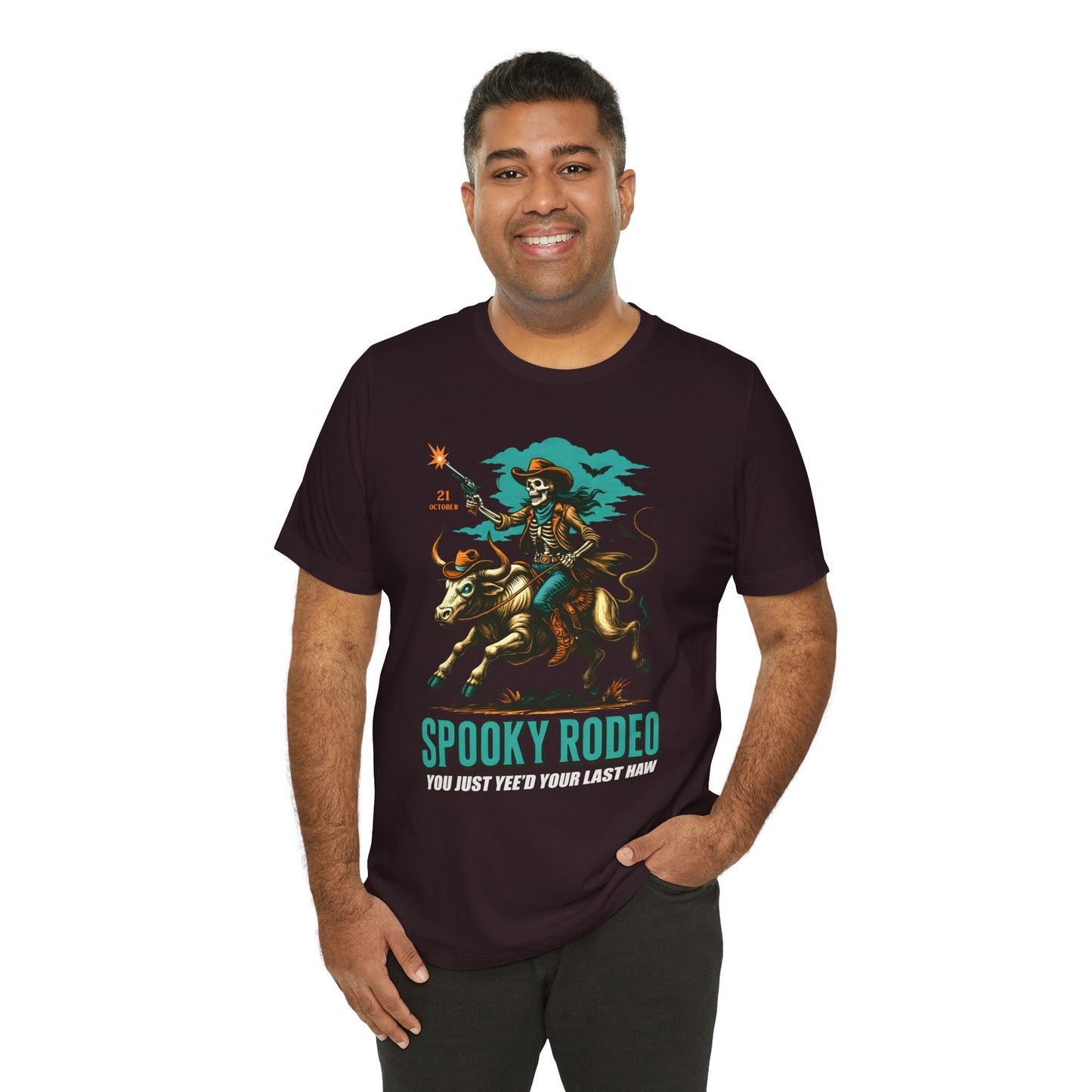 Spooky Rodeo Shirt Skeleton Cowboy Halloween Tee, Western Bull Rider Graphic for Fall