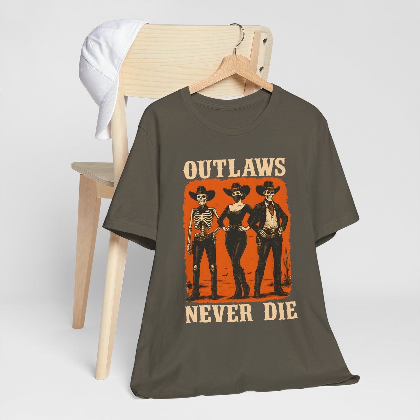 Outlaws Never Die Shirt – Gothic Western Skeleton Cowboy Halloween Tee