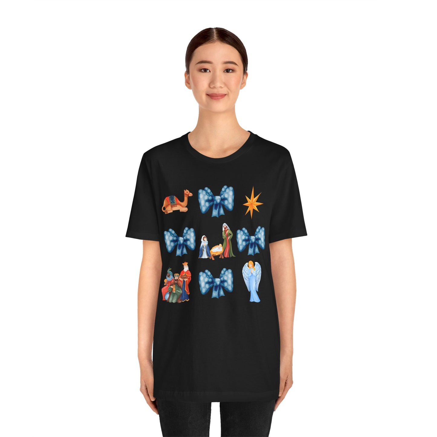 Nativity Scene Coquette Bow Shirt – Cute Christian Christmas Faith Holiday Tee