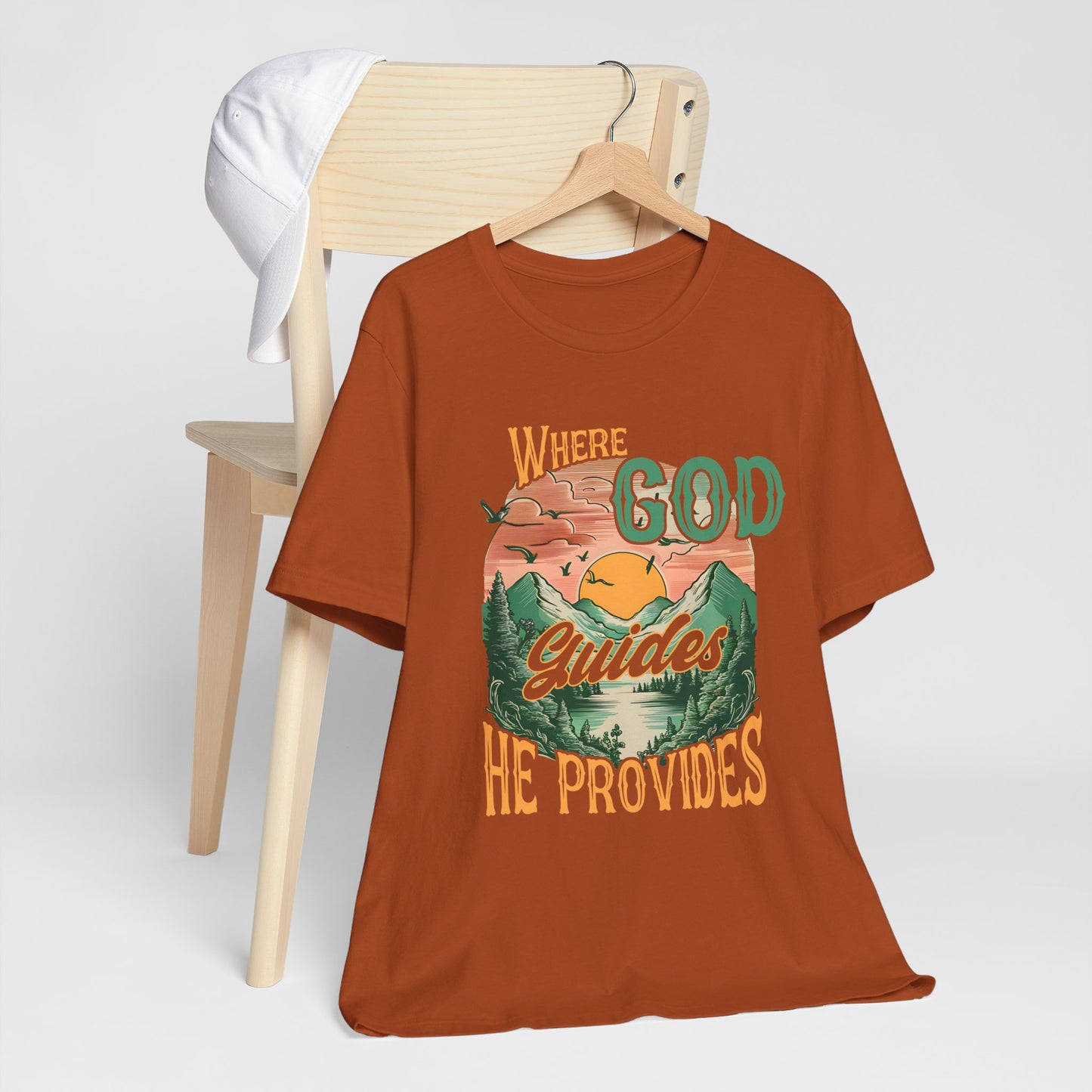 Where God Guides He Provides Shirt – Mountain Sunset Retro Christian Tee