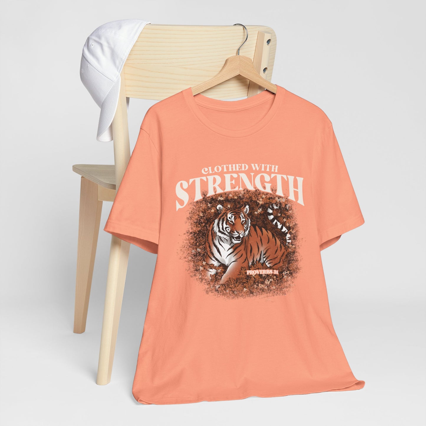 Clothed With Strength Shirt – Christian Tiger Cherry Blossom Proverbs 31:25 Tee