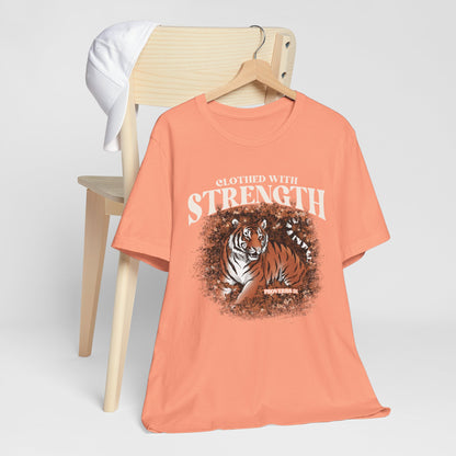 Clothed With Strength Shirt – Christian Tiger Cherry Blossom Proverbs 31:25 Tee
