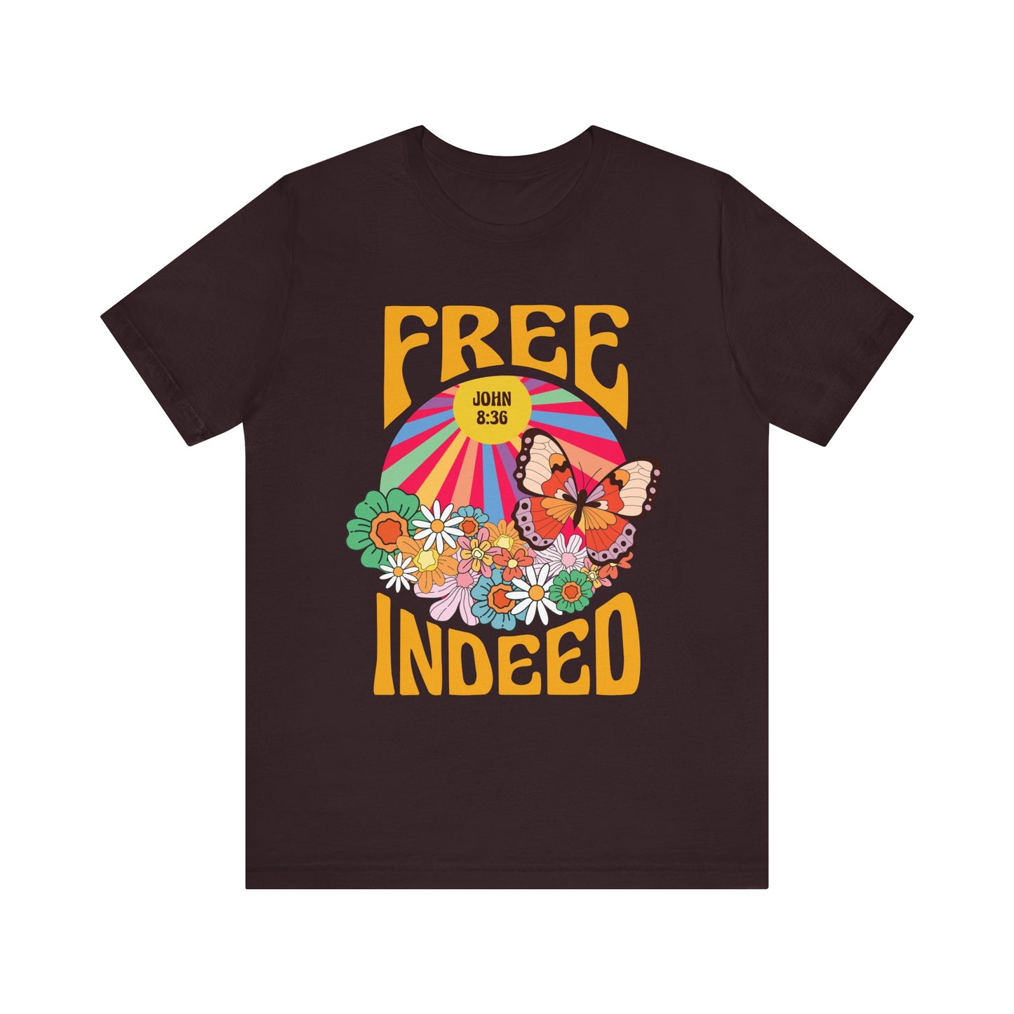 Free Indeed Shirt – Retro Flowers & Butterflies 80s John 8:36 Christian Tee