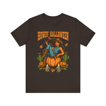 Howdy Halloween Shirt – Cowgirl on Pumpkin Tee with Skeleton Hands