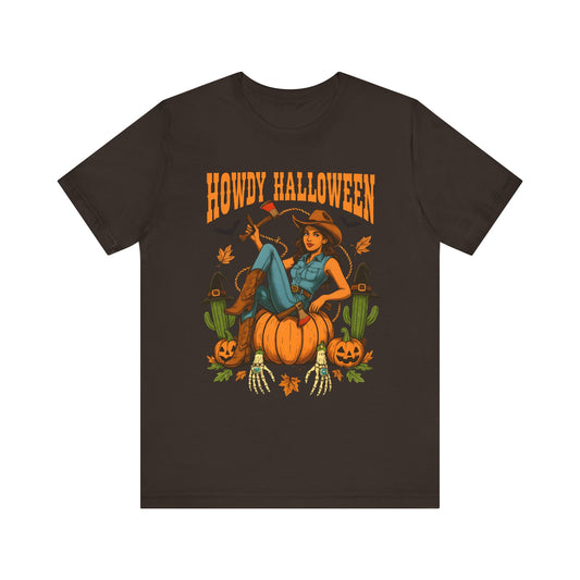 Howdy Halloween Shirt – Cowgirl on Pumpkin Tee with Skeleton Hands
