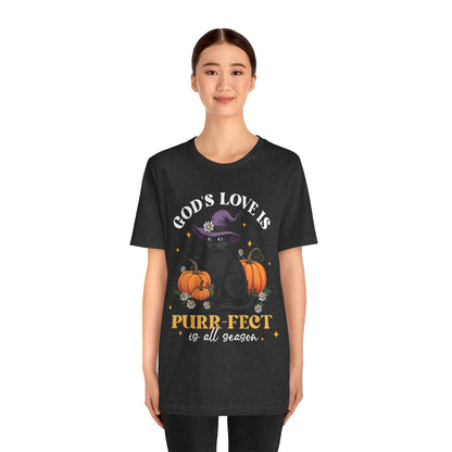 God’s Love Is Purr-fect Shirt – Cute Christian Black Cat Pumpkin Fall Faith Tee