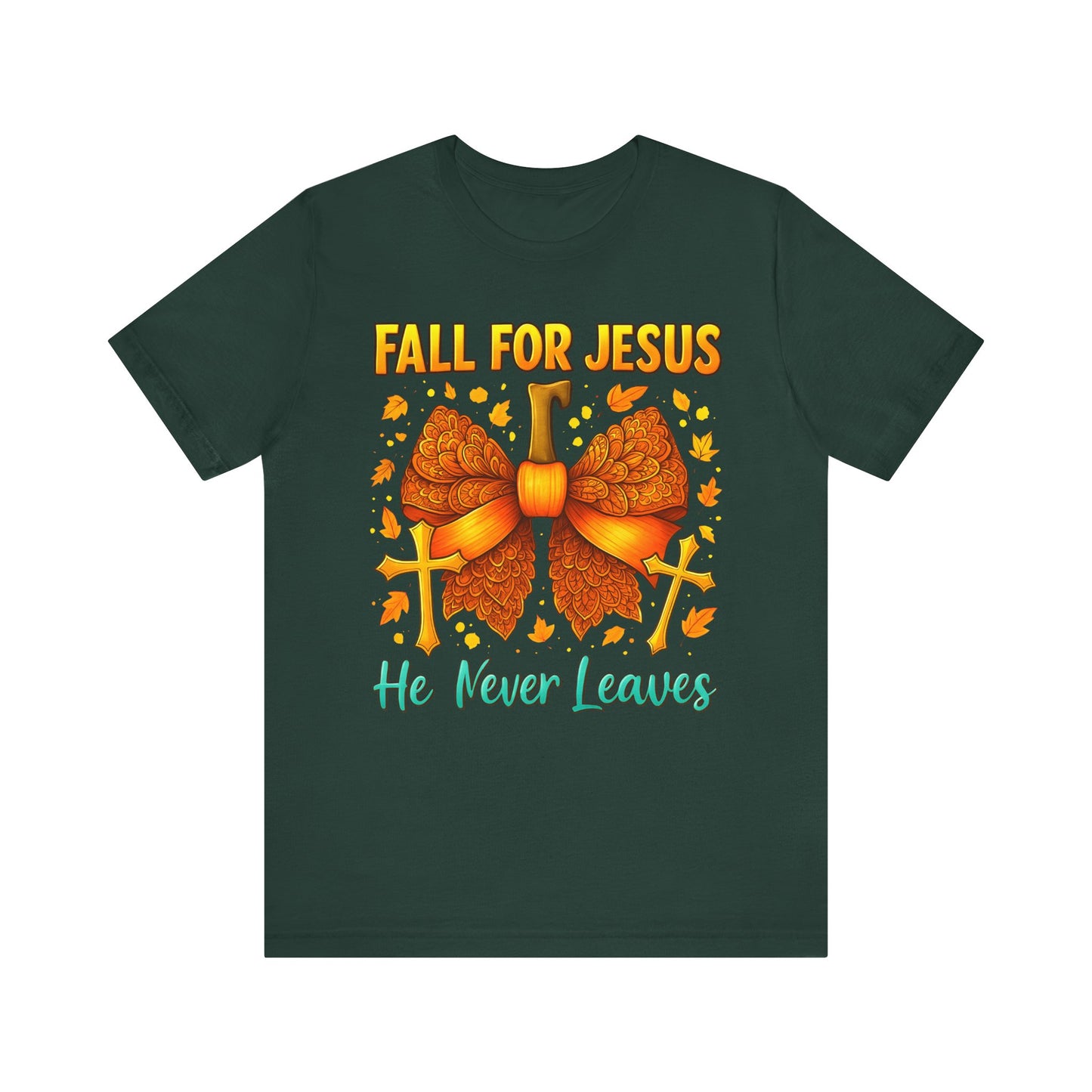 Fall for Jesus He Never Leaves Shirt – Christian Pumpkin Bow Thanksgiving Tee