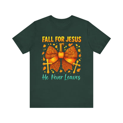 Fall for Jesus He Never Leaves Shirt – Christian Pumpkin Bow Thanksgiving Tee