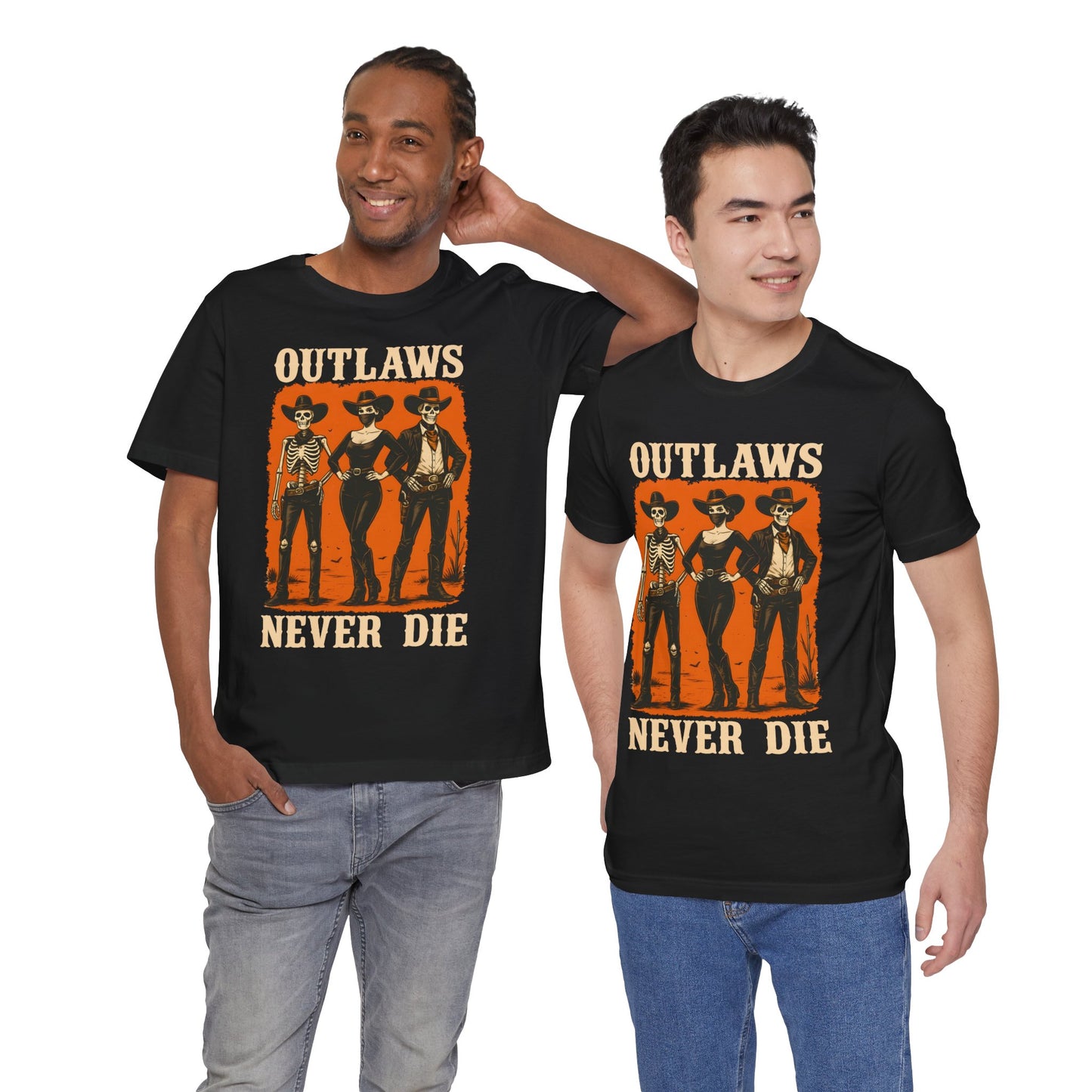 Outlaws Never Die Shirt – Gothic Western Skeleton Cowboy Halloween Tee