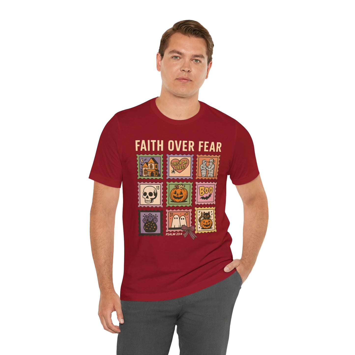 Faith Over Fear Shirt, Christian Halloween Stamp T-Shirt, Religious Spooky Season Tee