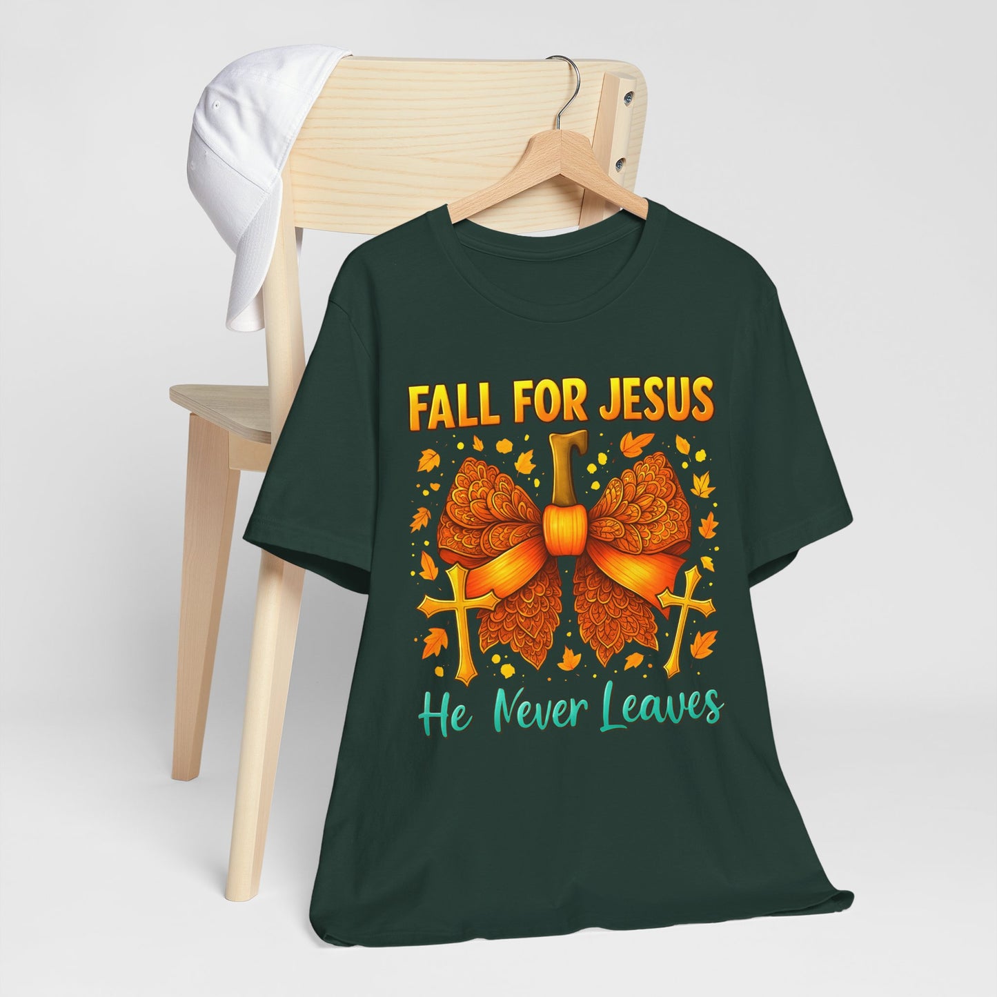 Fall for Jesus He Never Leaves Shirt – Christian Pumpkin Bow Thanksgiving Tee