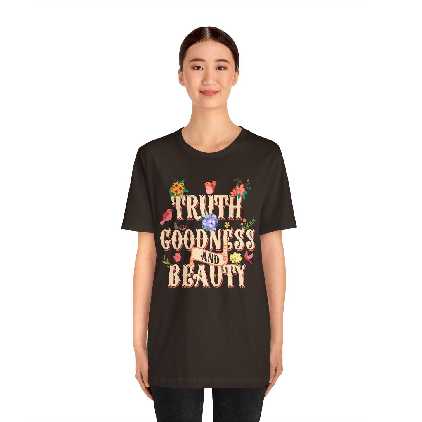 Truth Goodness and Beauty Shirt – Retro Floral Christian Virtue Faith Tee for Women