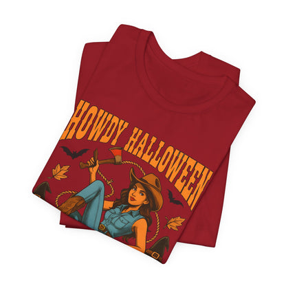 Howdy Halloween Shirt – Cowgirl on Pumpkin Tee with Skeleton Hands