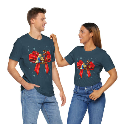 Nativity Scene Christmas Shirt – Coquette Bow Faith Tee, Jesus Holiday Pajama Top