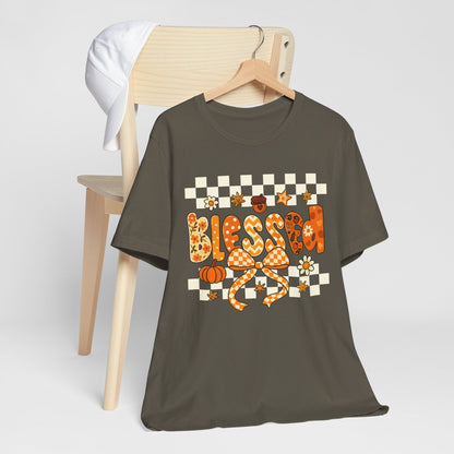 Blessed Checkerboard Pumpkin Shirt – Christian Thankful Fall Thanksgiving Tee