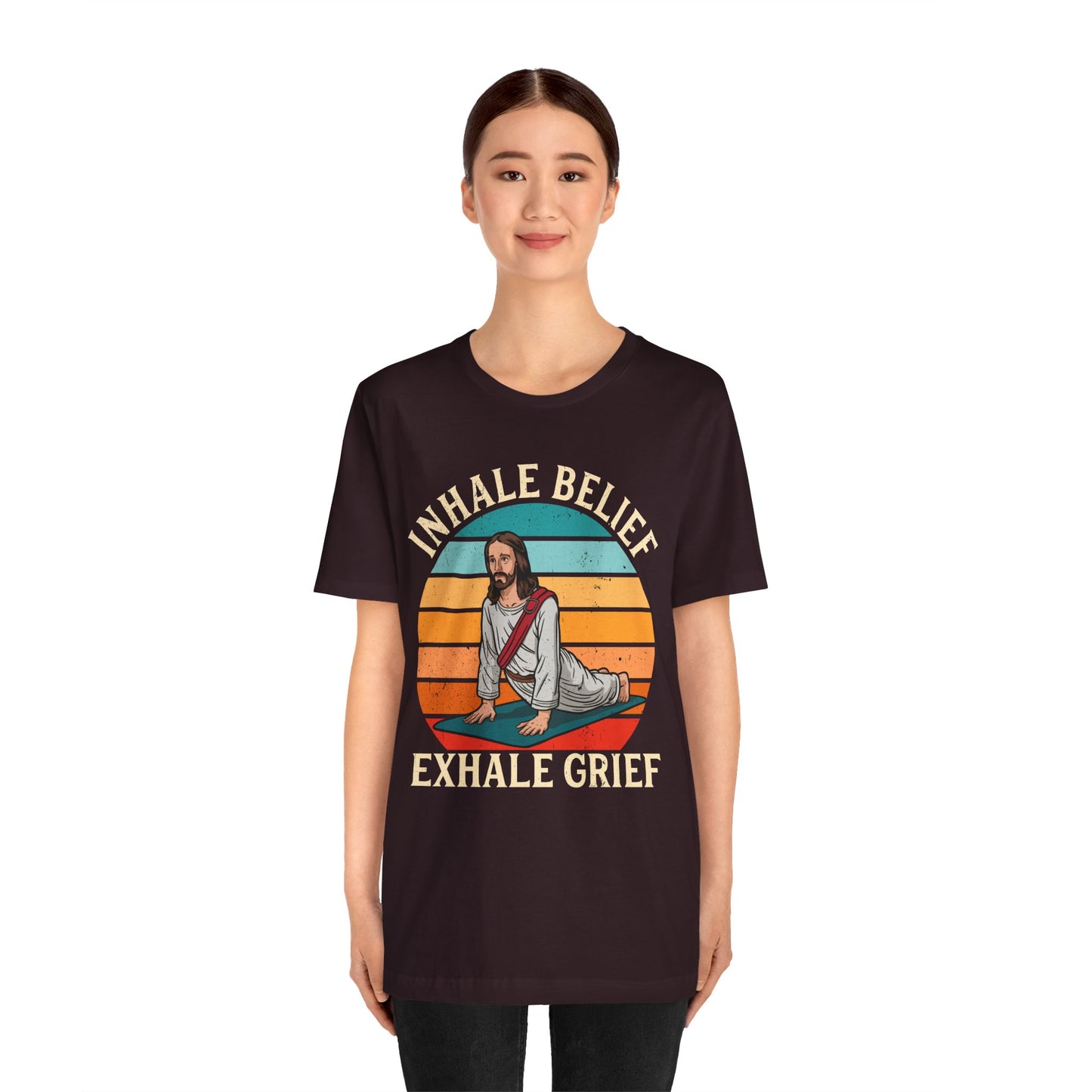 Jesus Inhale Belief Exhale Grief Shirt – Christian Yoga Retro Faith Wellness Tee