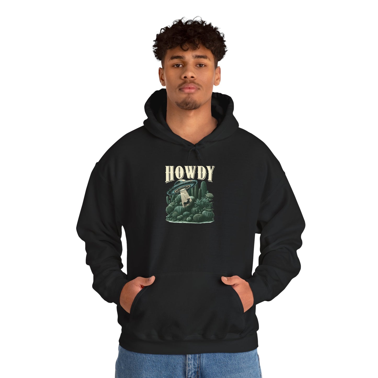 Howdy Cow Abduction Hoodie – Western UFO Rodeo Cactus Desert Texas Pullover