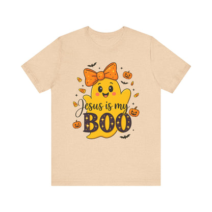 Jesus Is My Boo Shirt – Cute Christian Ghost with Bow Halloween Faith Tee
