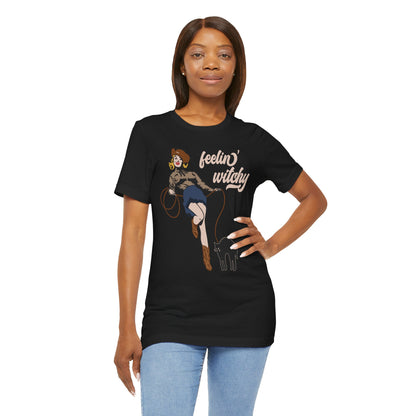 Feeling Witchy Shirt – Vintage Pin-Up Girl & Black Cat Halloween Tee