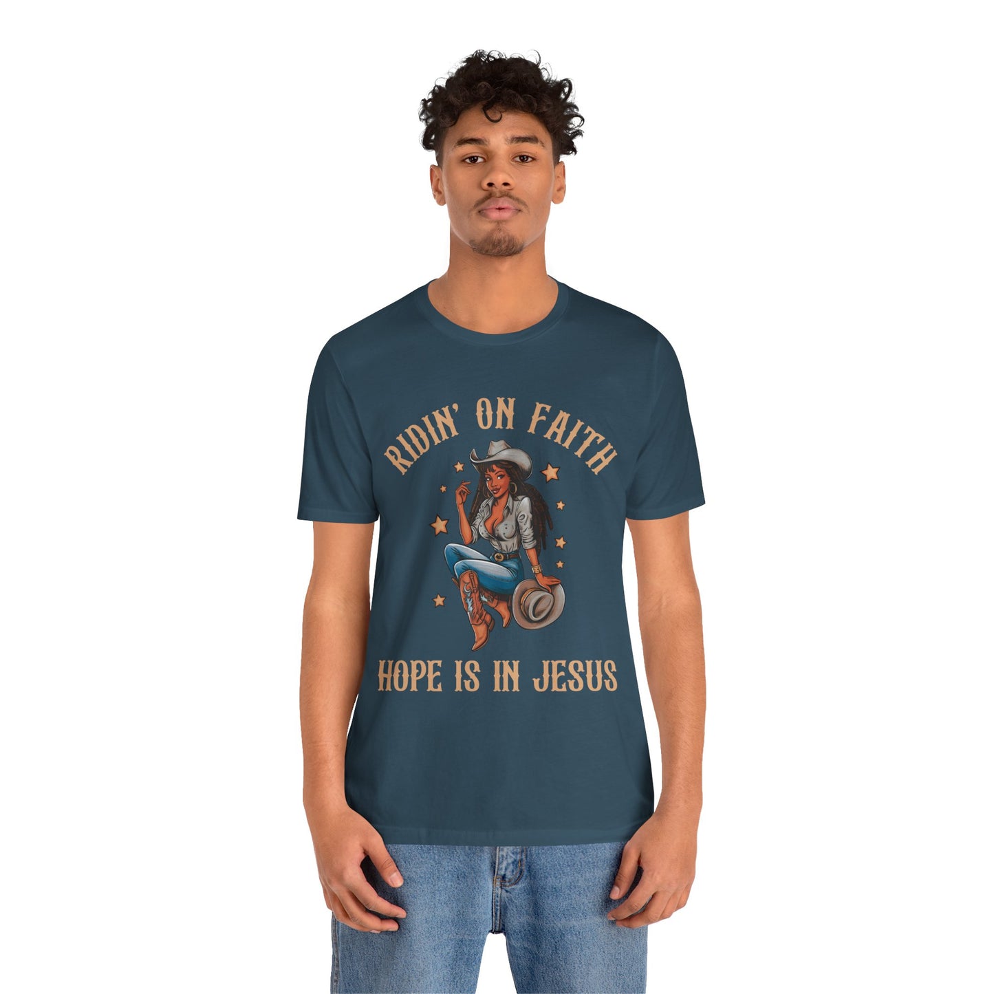 Ridin’ On Faith Cowgirl Shirt – Black Christian Western Jesus Tee
