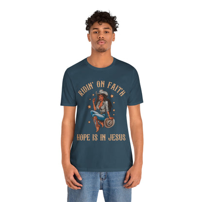 Ridin’ On Faith Cowgirl Shirt – Black Christian Western Jesus Tee