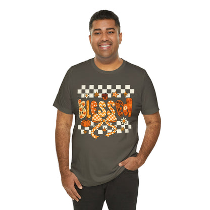 Blessed Checkerboard Pumpkin Shirt – Christian Thankful Fall Thanksgiving Tee