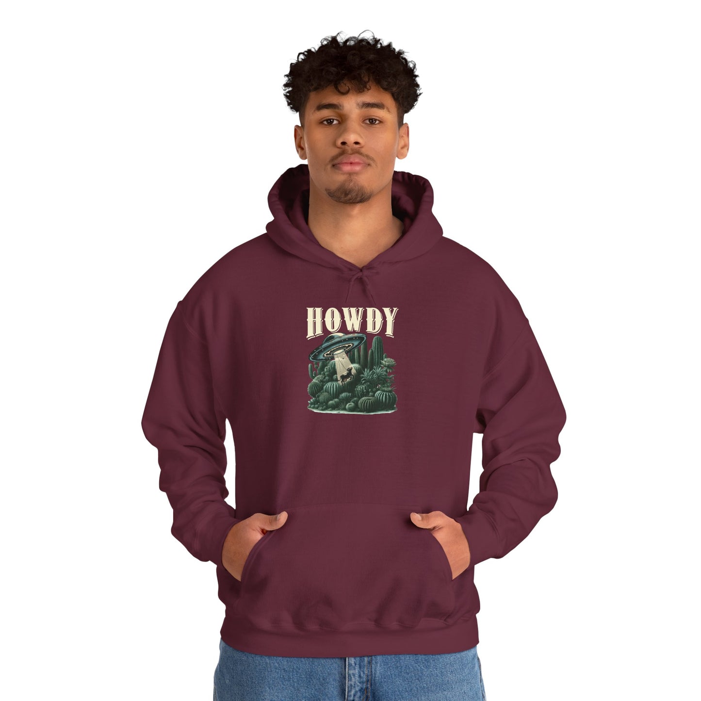 Howdy Cow Abduction Hoodie – Western UFO Rodeo Cactus Desert Texas Pullover