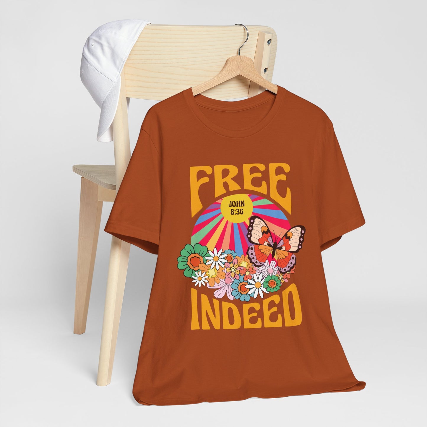 Free Indeed Shirt – Retro Flowers & Butterflies 80s John 8:36 Christian Tee