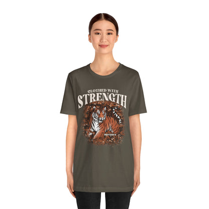 Clothed With Strength Shirt – Christian Tiger Cherry Blossom Proverbs 31:25 Tee