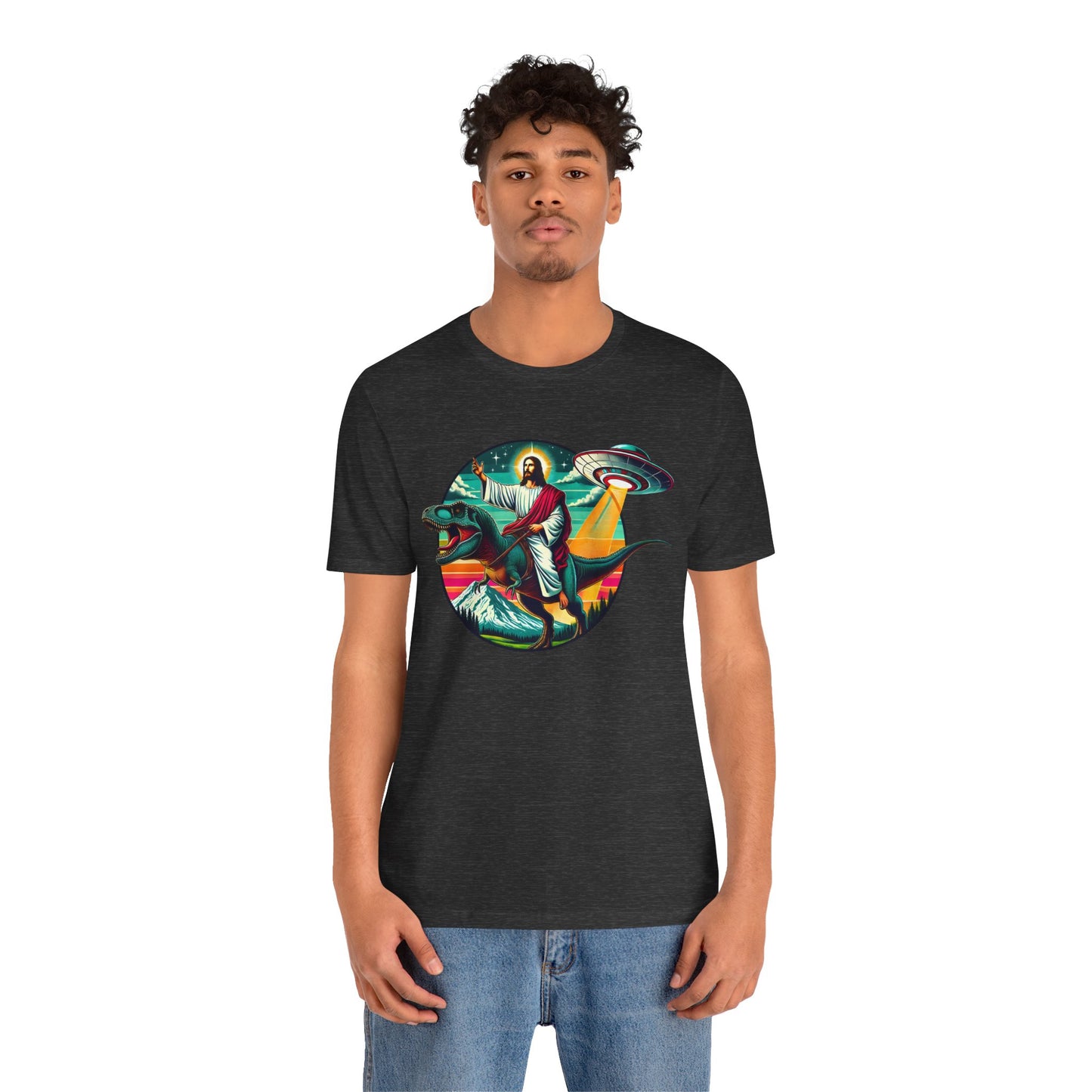 Jesus Riding Dinosaur Shirt – UFO Alien Cross Retro Christian God Tee