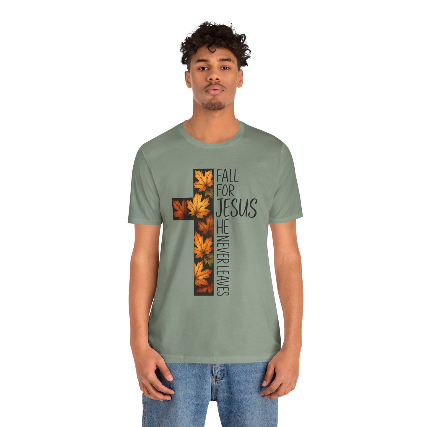 Fall for Jesus He Never Leaves Shirt – Retro Christian Cross Thanksgiving Tee