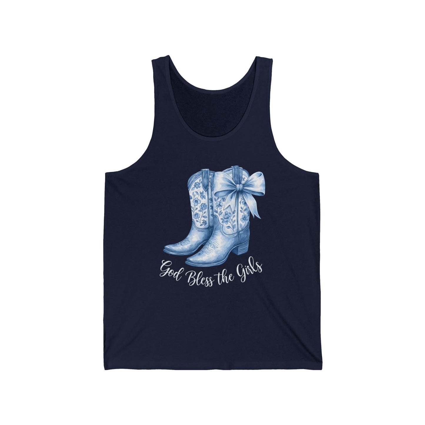 God Bless the Girls Tank – Blue Floral Cowgirl Boots Western Texas Unisex Jersey