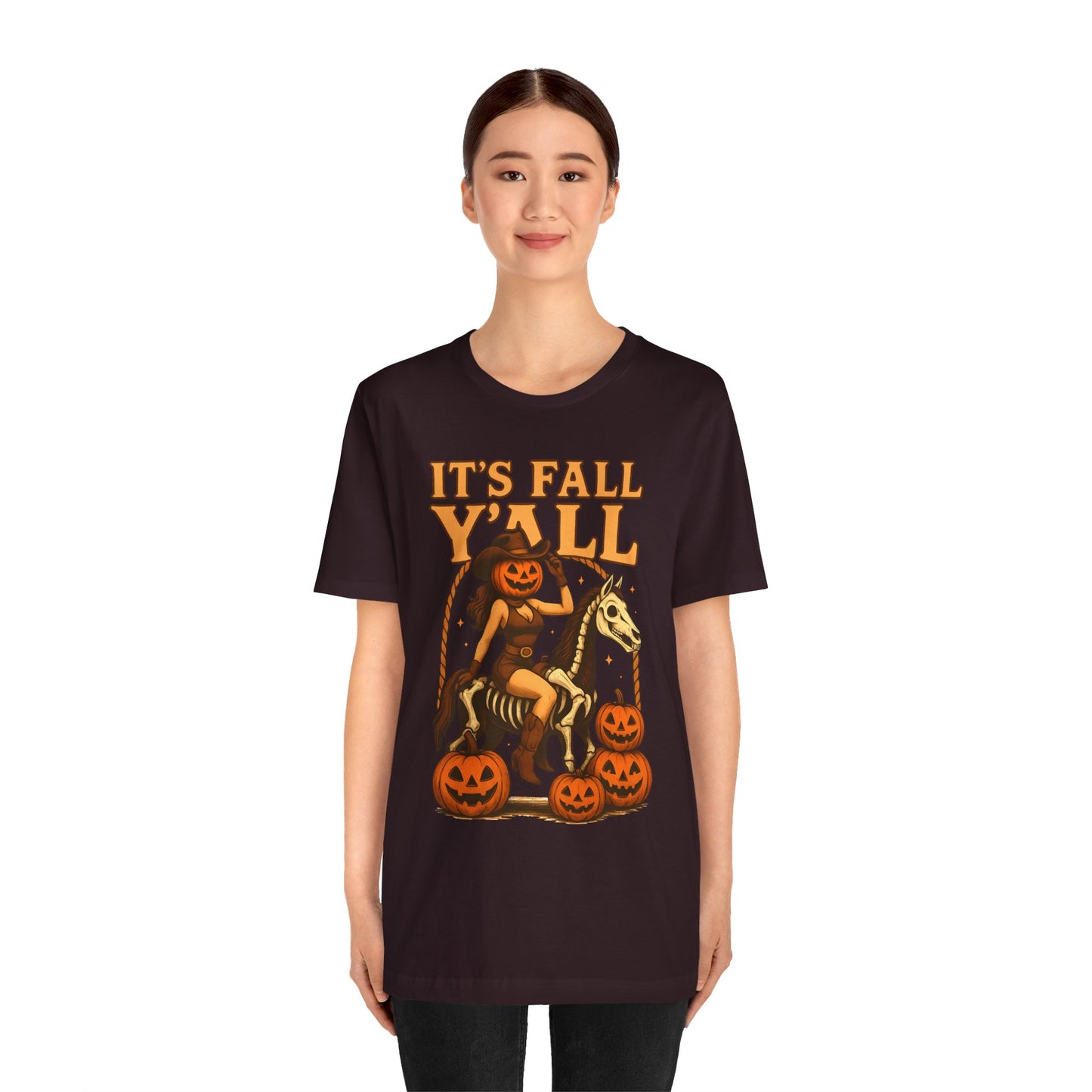 It’s Fall Y’all Shirt – Pumpkin Head Cowgirl Skeleton Horse Western Tee
