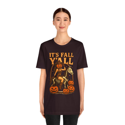 It’s Fall Y’all Shirt – Pumpkin Head Cowgirl Skeleton Horse Western Tee