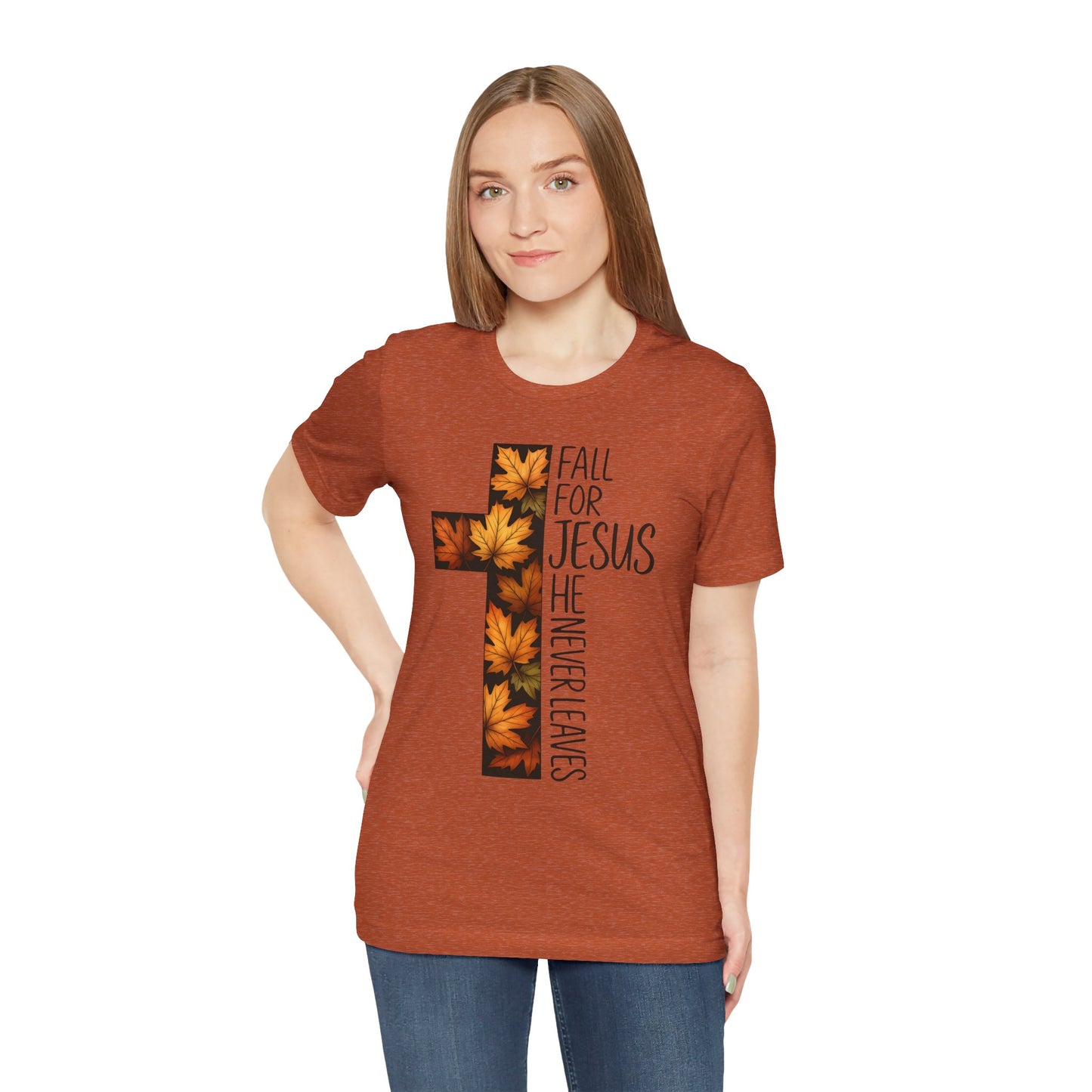 Fall for Jesus He Never Leaves Shirt – Retro Christian Cross Thanksgiving Tee