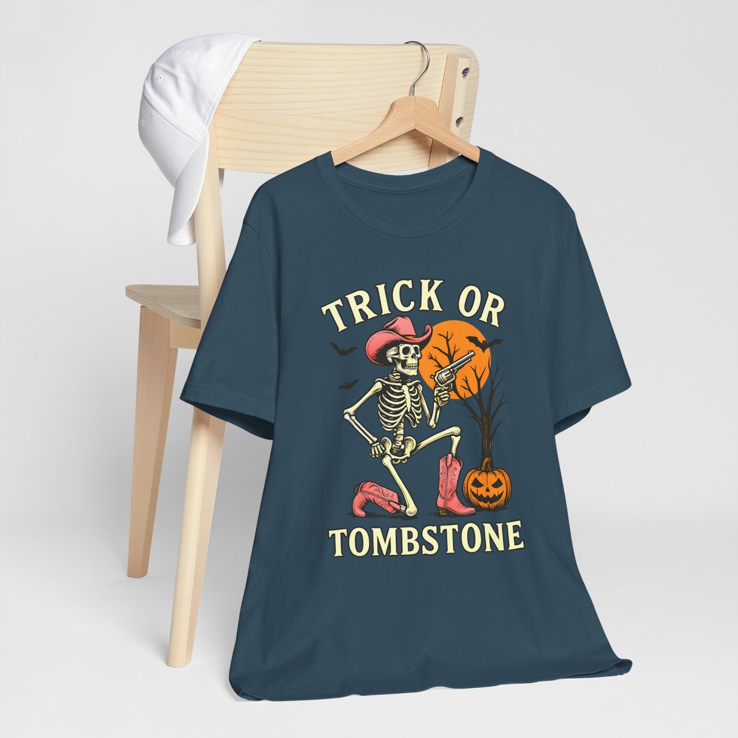 Trick or Tombstone Shirt Funny Skeleton Cowboy Halloween Tee, Spooky Western Rodeo Outfit