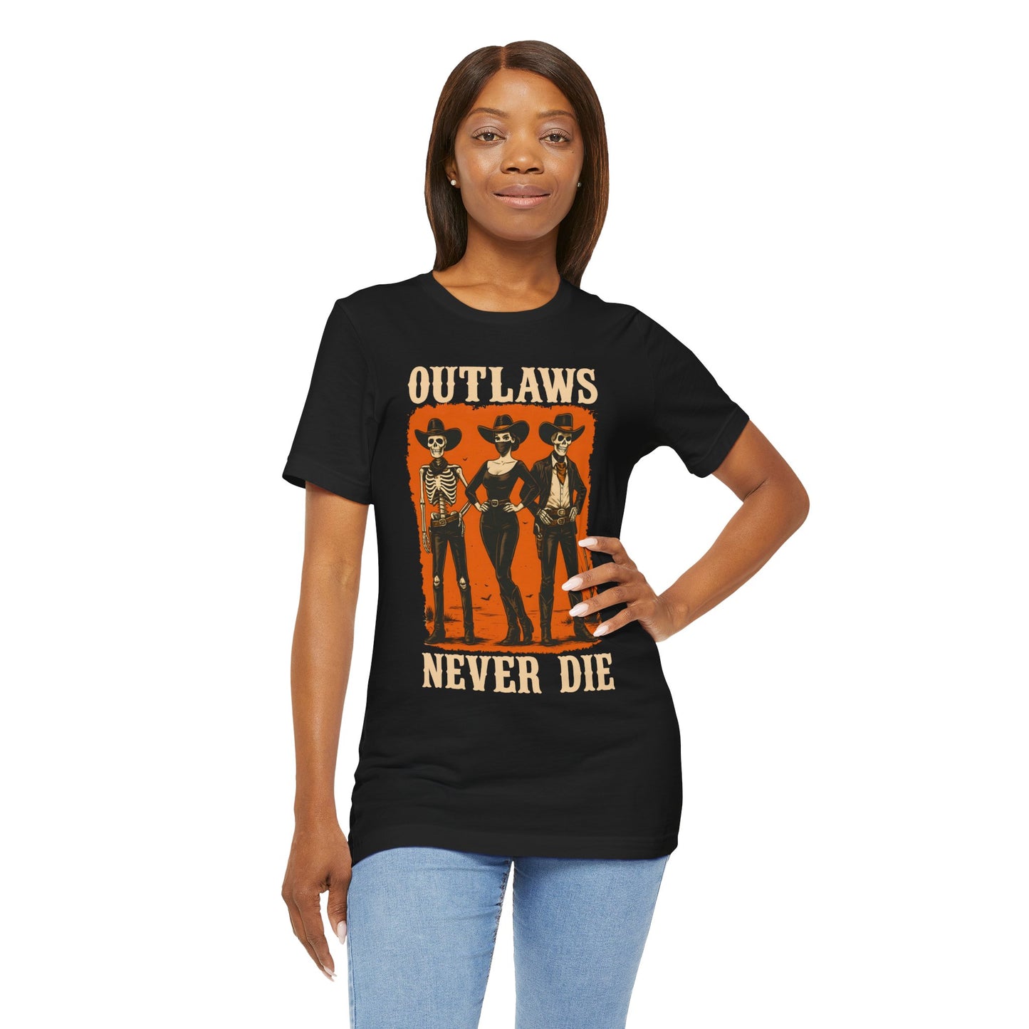 Outlaws Never Die Shirt – Gothic Western Skeleton Cowboy Halloween Tee