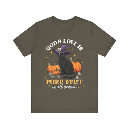 God’s Love Is Purr-fect Shirt – Cute Christian Black Cat Pumpkin Fall Faith Tee