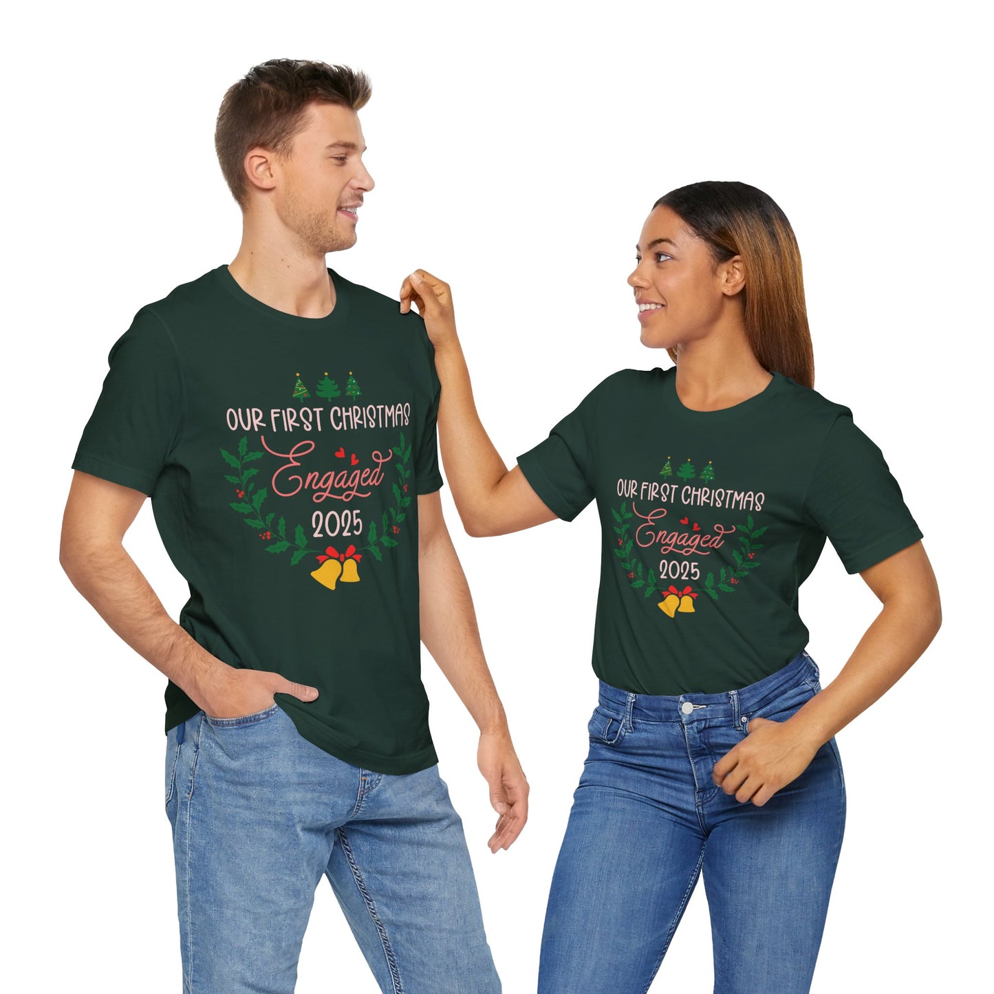 Our First Christmas Engaged 2025 Shirt – Holiday Couple Engagement Gift Tee