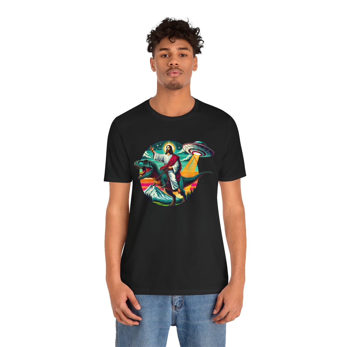 Jesus Riding Dinosaur Shirt – UFO Alien Cross Retro Christian God Tee