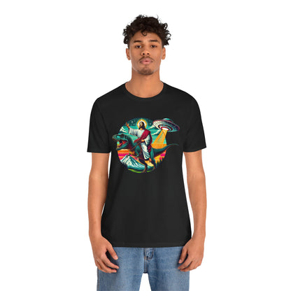 Jesus Riding Dinosaur Shirt – UFO Alien Cross Retro Christian God Tee